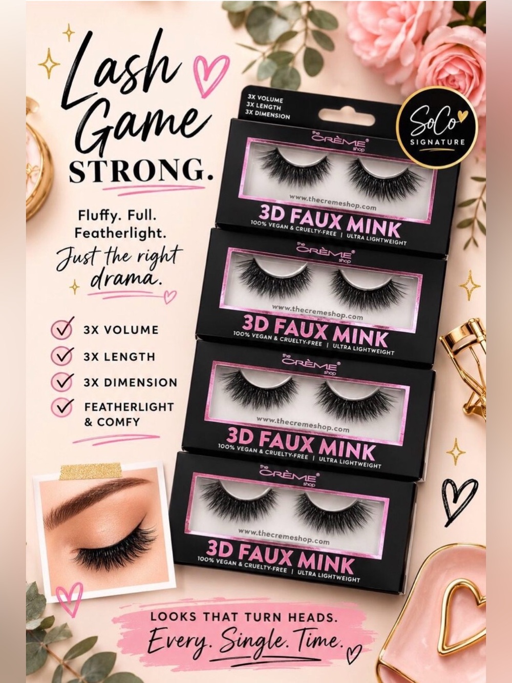 The Crème Shop 3D Faux Mink Lashes Vegan Set of 4 Cruelty Free Lightweight